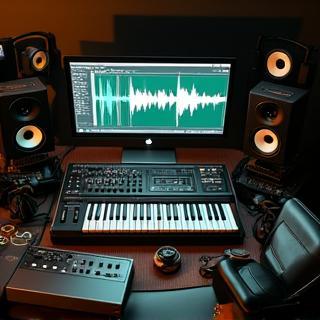 Sound design workspace with synthesizers at Emerald Sound Studios